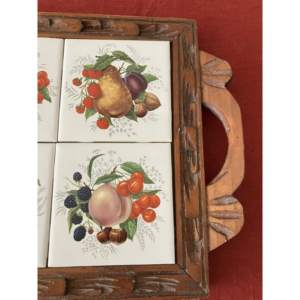 Vintage '70s Dal-Tile Carved Wooden Serving Tray with Ceramic Fruit Tiles Trivet